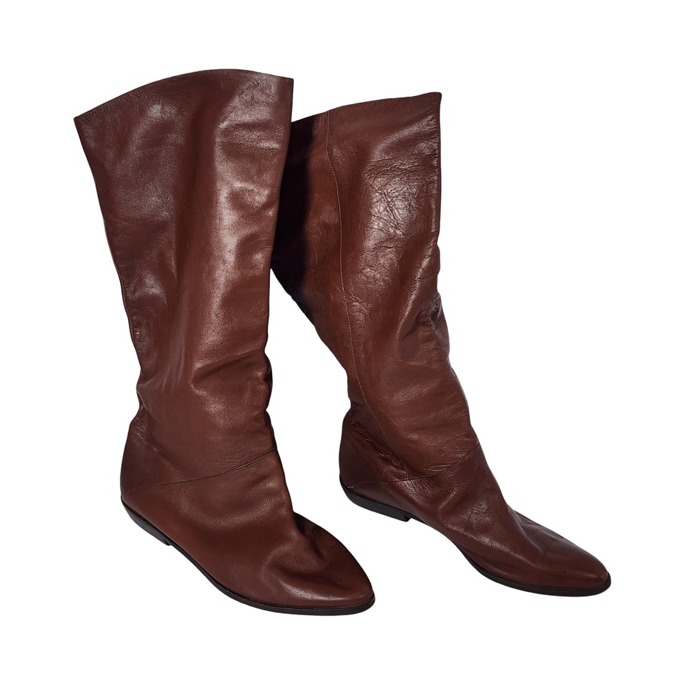 Vintage Brown Leather Slouch Boots Pointed Toe Flat Made in Brazil Womens 8M